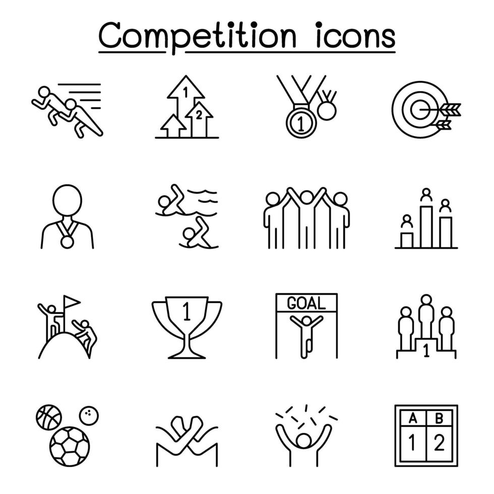 Wettbewerbs-, Wettbewerbs- und Turniersymbole im Stil einer dünnen Linie vektor