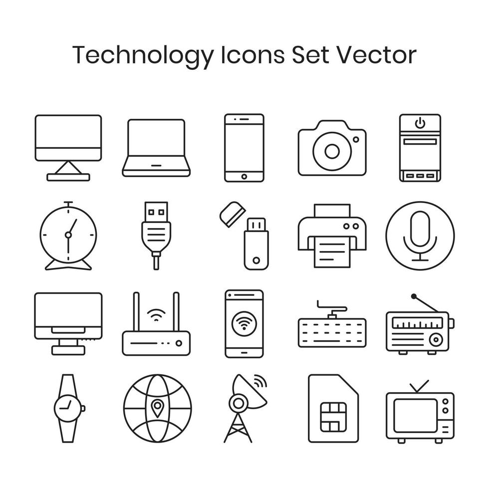 Elektronik und Technologie Symbole einstellen Vektor Gliederung schwarz und Weiß isoliert einstellen Symbole, Telekommunikation Symbole, Multimedia Symbole, Internet Vektor Illustration