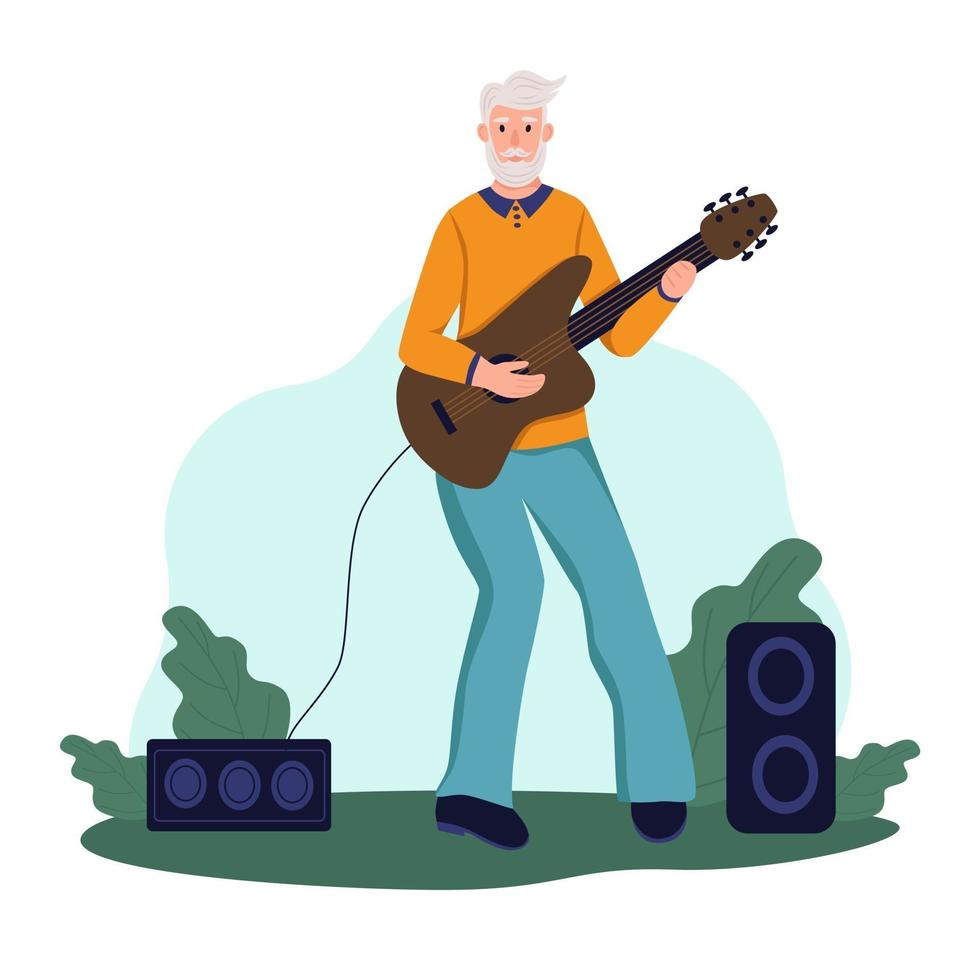 Ein älterer Mann spielt Gitarre in einem Park. das Konzept des aktiven Alters. Tag der älteren Menschen. flache Karikaturvektorillustration. vektor