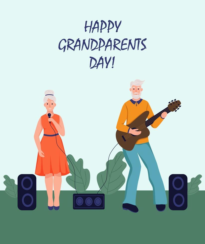 glückliche Großelterntag-Grußkarte. Ein älteres Ehepaar spielt Gitarre und singt. fröhliche Großmutter und Großvater Zeichentrickfiguren. Tag der älteren Menschen. flache Vektorillustration. vektor