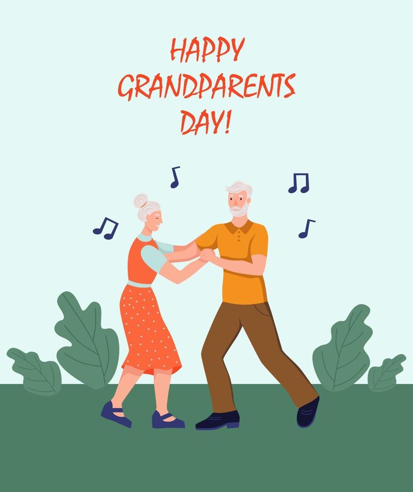 lyckliga morföräldrar gratulationskort. äldre dansar. glada mormor och farfar seriefigurer. äldre dag. platt vektorillustration. vektor