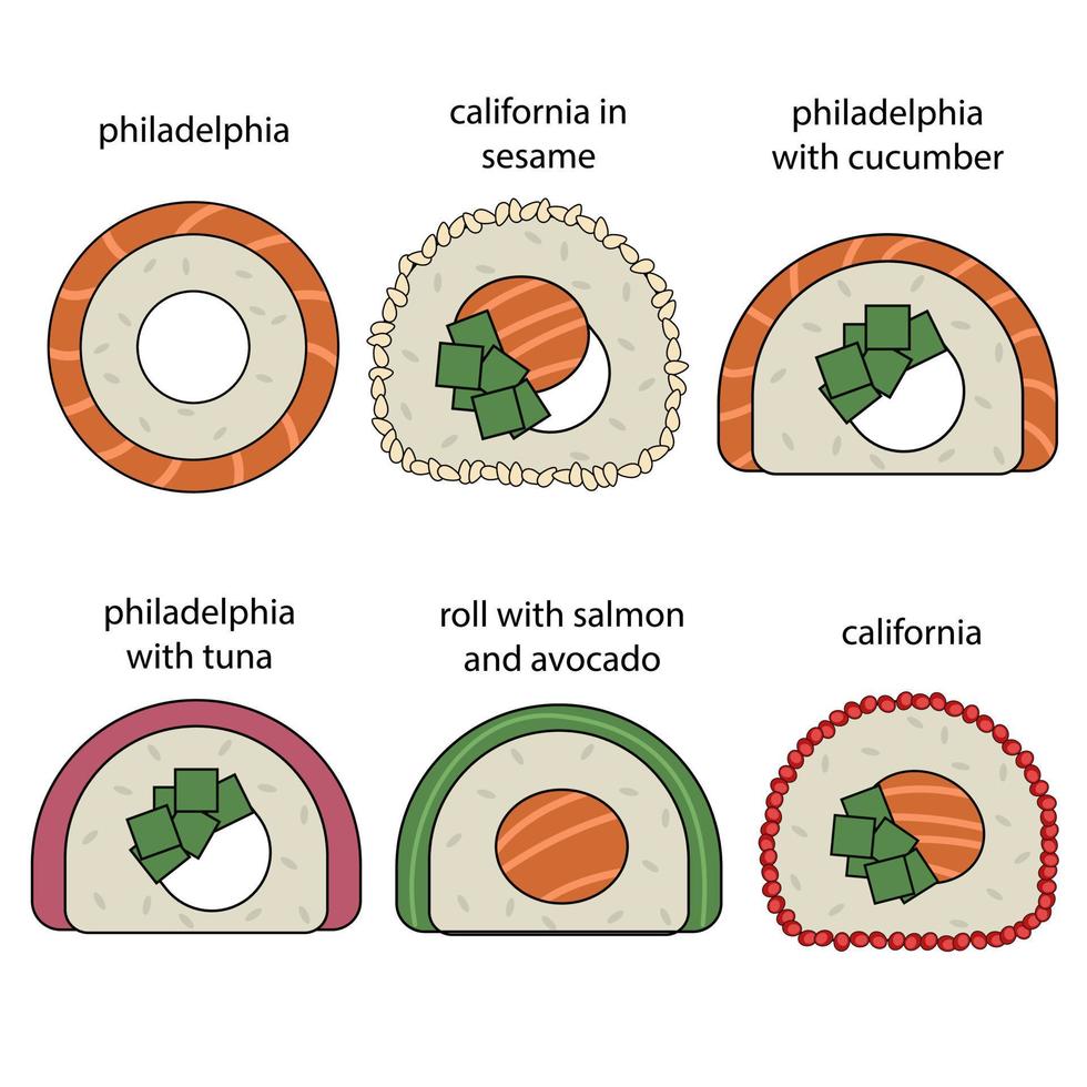 uppsättning av annorlunda typer av sushi med namn. illustration med asiatisk mat ikoner vektor