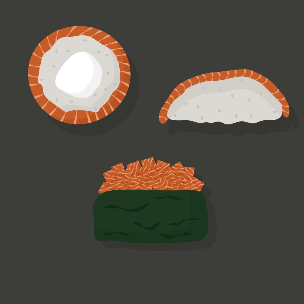 philadelphia sushi, lax nigiri och röd fisk gunkan. ilustration med asiatisk mat vektor