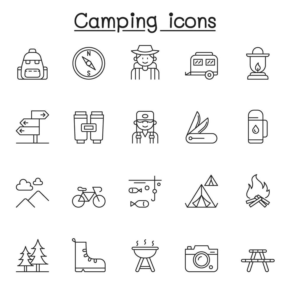 Satz von Camping-bezogenen Vektorliniensymbolen. Enthält Symbole wie Zelt, Wandern, Wald, Auto, Lagerfeuer, Berg, Reisender, Kompass, Angeln, Wald, Kamera, Wegweiser, Bank, Rucksack und mehr. vektor