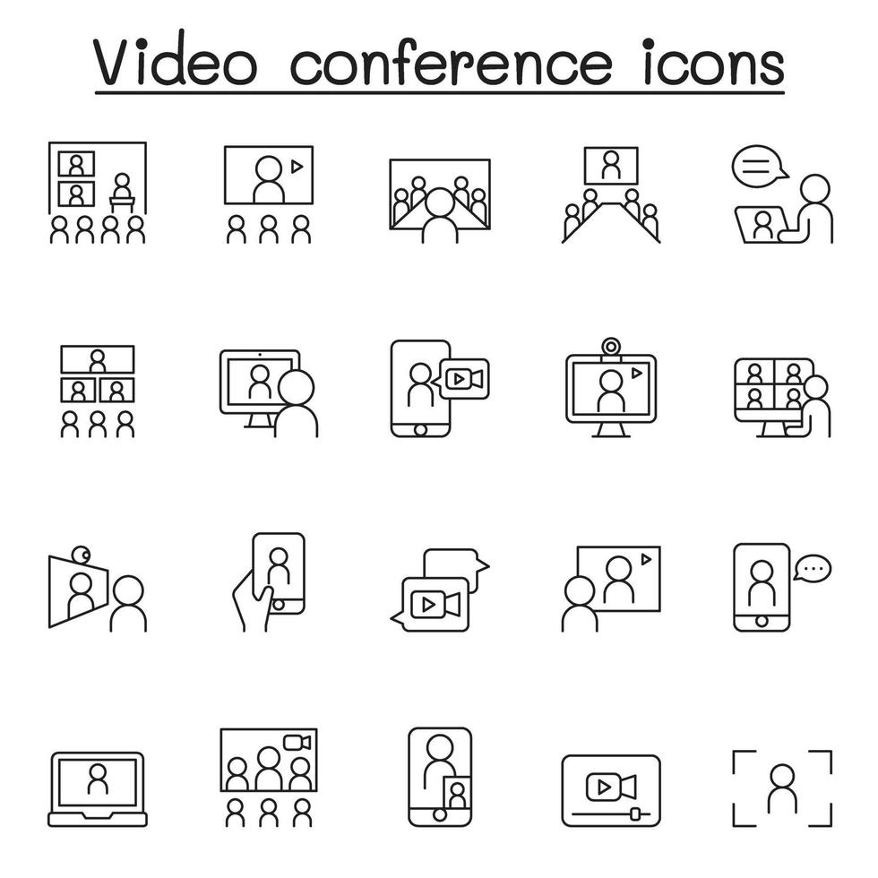 möte och videokonferens ikonuppsättning i tunn linje stil vektor