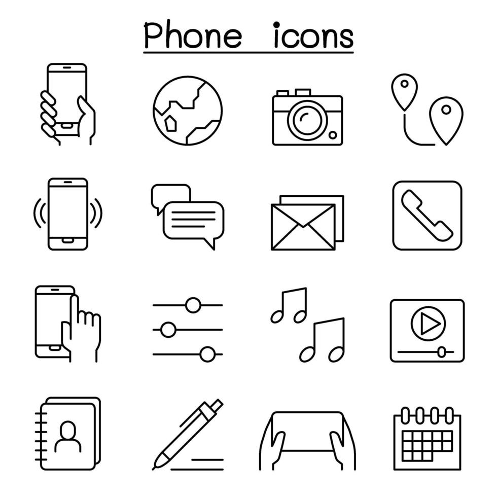 smart telefon ikonuppsättning i tunn linje stil vektor