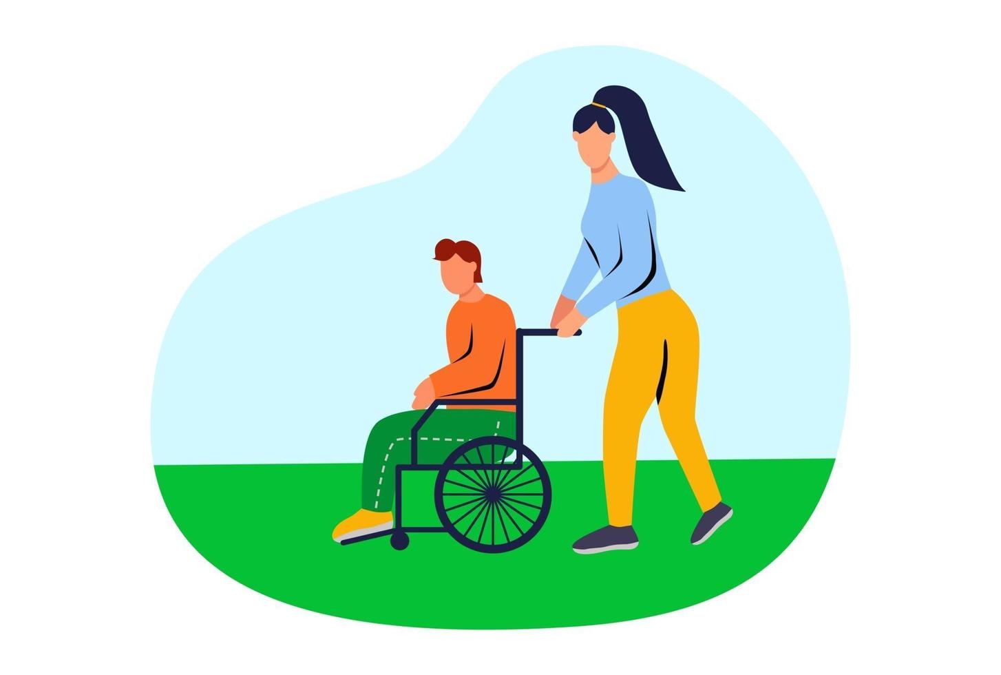 volontär som hjälper en funktionshindrad person med begränsad rörlighet vektor