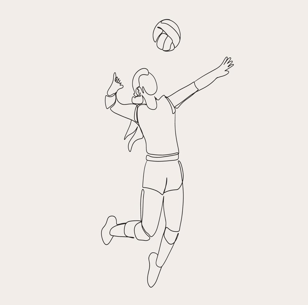 minimalistisk volleyboll spelare linje konst, sport idrottare kvinna spelare, översikt teckning, enkel skiss, vektor