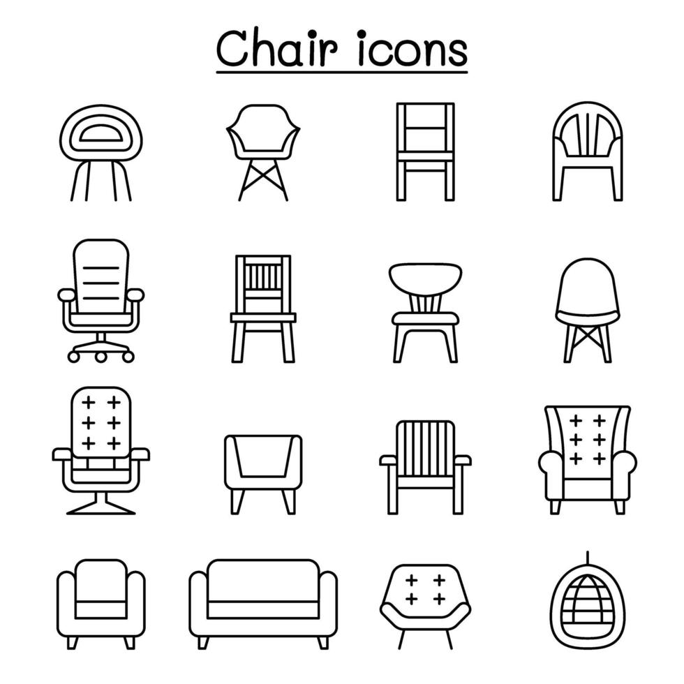 stol och soffa framifrån Ikonuppsättning i tunn linje stil vektor