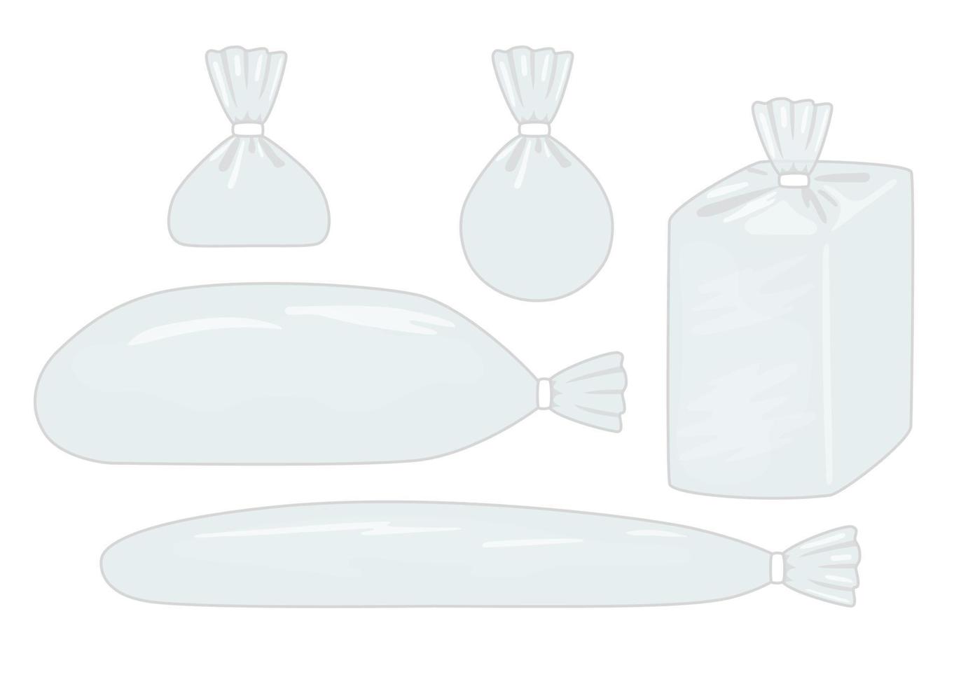 Plastik transparent Paket Satz, wickeln Tasche zum Essen Produkte. Polyethylen Paket mit Clip. leer Beutel, Beutel Karikatur Stil. Vektor Illustration