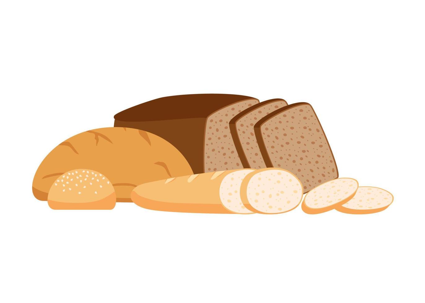 bakverk bröd från vete, hela spannmål och råg, bageri mat uppsättning. vit limpa, brun rostat bröd bröd tegel, franska baguette, bulle för hamburgare. vektor illustration