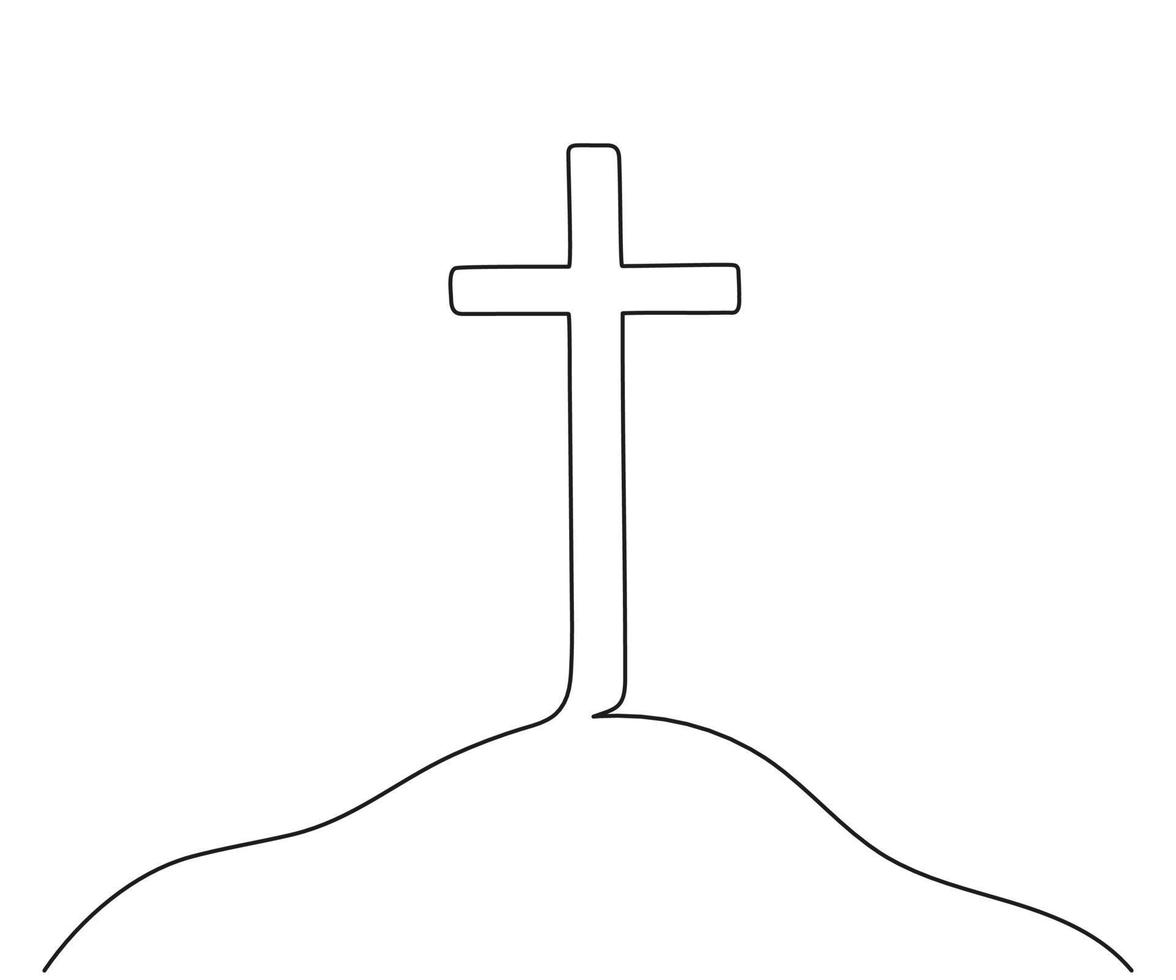 katholisch Kreuz auf hügel, kontinuierlich Single Linie Zeichnung. traditionell Religion Symbol. Kirche Zeichen Kreuz einer Linie Kunst Hand gezeichnet. Vektor Illustration