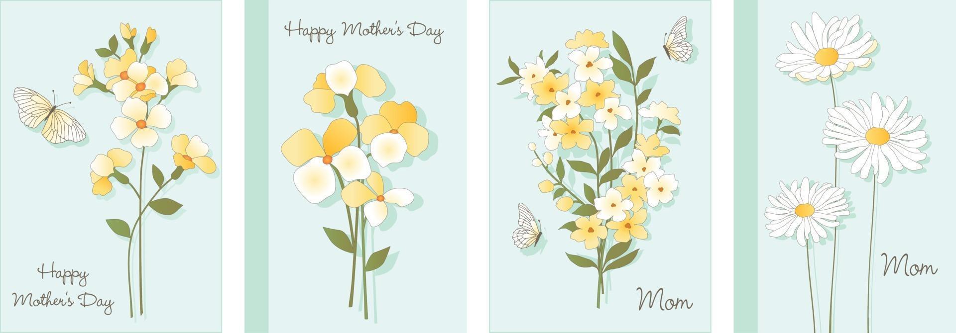 mödrar dagkort med botaniska blommor och fjärilar vektor