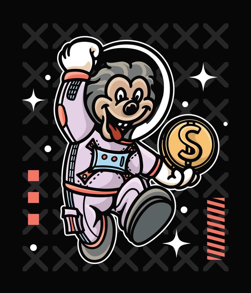 apa bär astronaut kostym och innehav en mynt illustration vektor