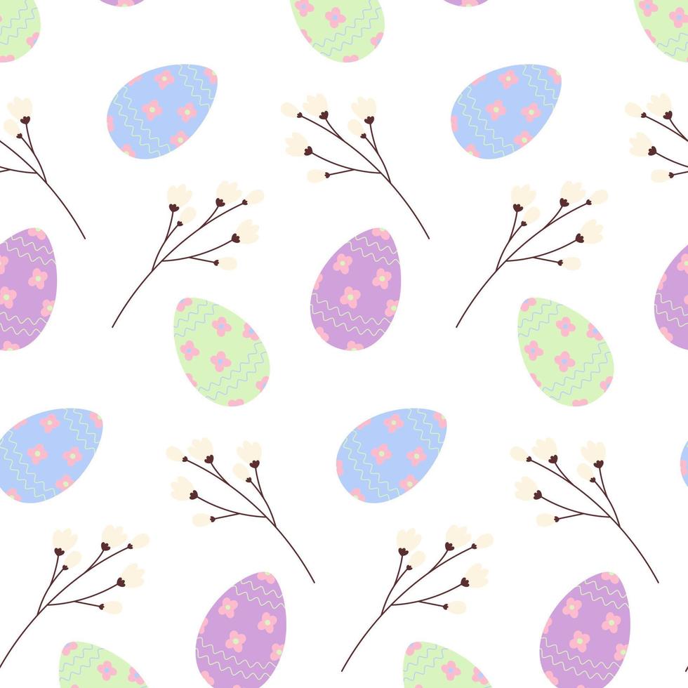 påsk sömlös mönster med färgrik påsk ägg och kvistar i trendig nyanser. Lycklig påsk. springtime vektor