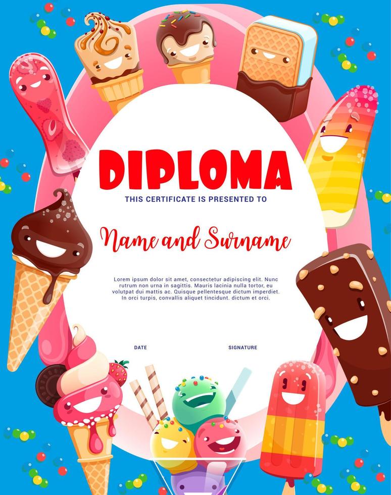 Kinder Diplom, Karikatur Eis Sahne Dessert Zeichen vektor