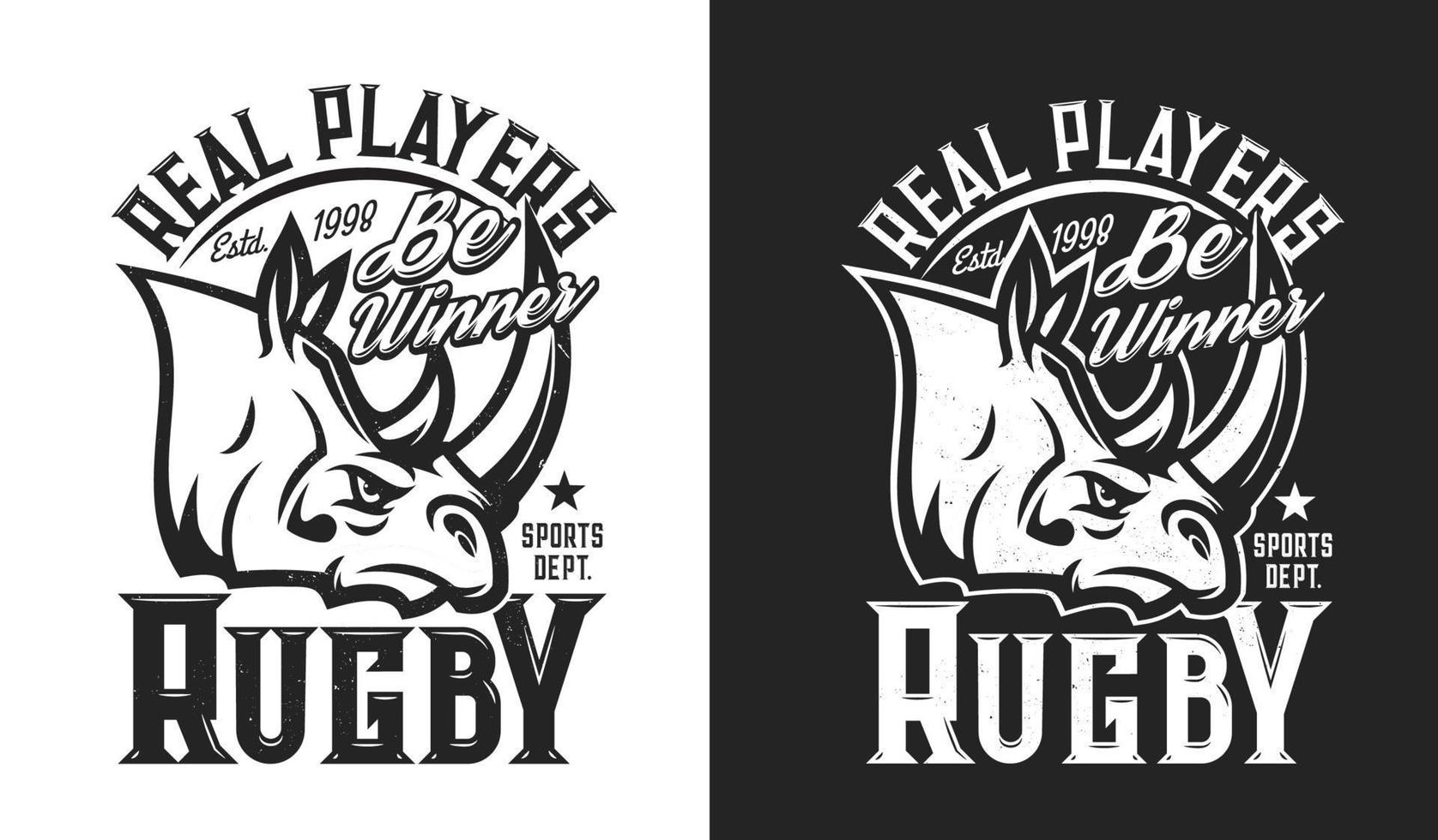 noshörning maskot, rugby sport klubb team t-shirt skriva ut vektor