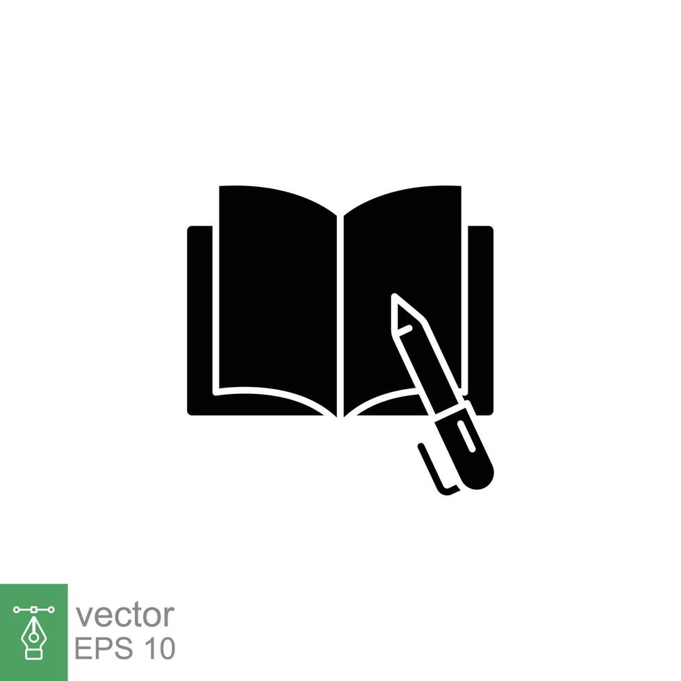 öffnen Buch mit Stift Symbol. Buch Schreiben, Büro, Schule, Geschäft und Bildung Konzept. einfach solide Stil. Silhouette, Glyphe Symbol. Vektor Illustration isoliert auf Weiß Hintergrund. eps 10.