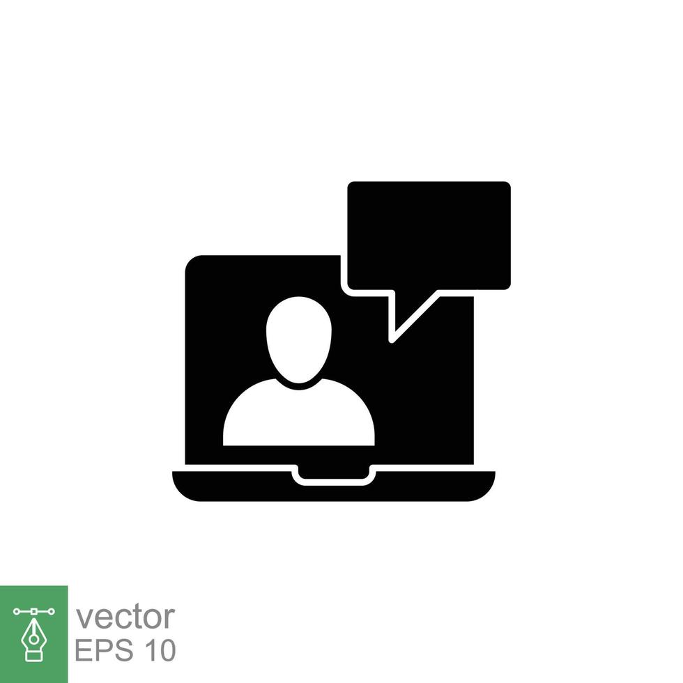 Ausbildung, Webinar Symbol. Video Plaudern auf Laptop. online Netz Lernen, Technologie Konzept. einfach solide Stil. Silhouette, Glyphe Symbol. Vektor Illustration isoliert auf Weiß Hintergrund. eps 10.