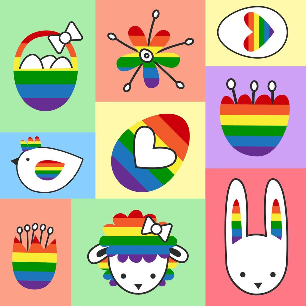 Regenbogen Ostern Eier einstellen mit Dekoration und Ornament Poster. Fröhlich Frühling Urlaub Symbole. Hase, Eier, Lamm, Huhn, jagen Korb, Blumen. Stolz Vektor abstrakt Grafik modern eben Illustration.