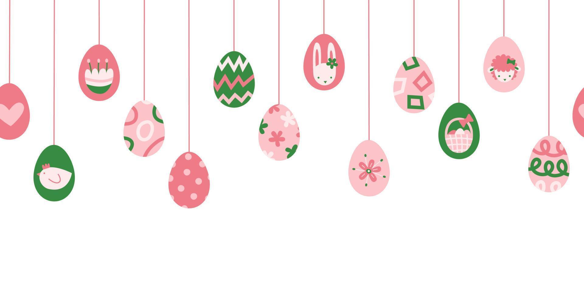 glücklich Ostern nahtlos Rand und Banner mit hängend Eier und Urlaub Symbole im Grün Rosa. abstrakt modern Grafik Vektor eben Illustration.