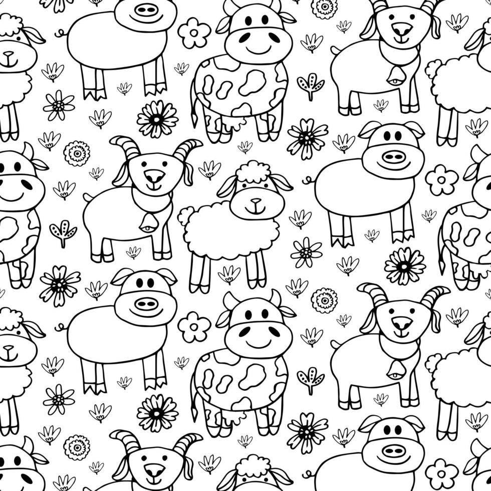 nahtlos Muster mit Bauernhof Tiere isoliert auf Weiß Hintergrund. schwarz skizzieren Ornament vektor