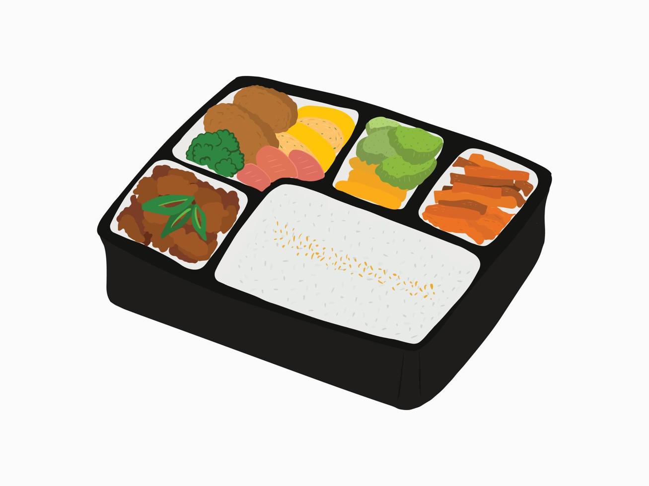 vektor hand dragen ris låda med kött och grönsaker illustration