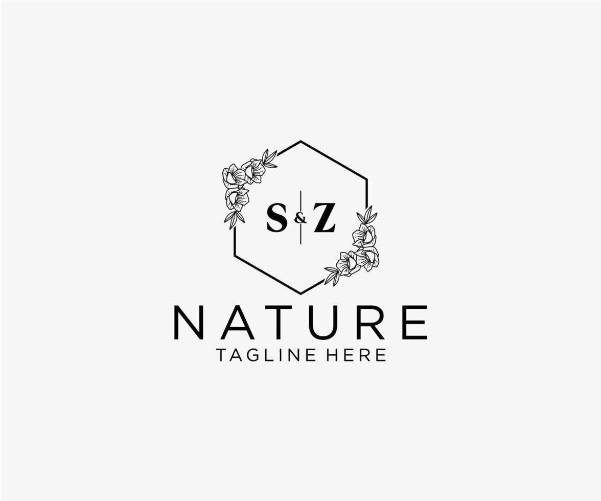 första sz brev botanisk feminin logotyp mall blommig, redigerbar förhandsgjord monoline logotyp lämplig, lyx feminin bröllop varumärke, företags. vektor