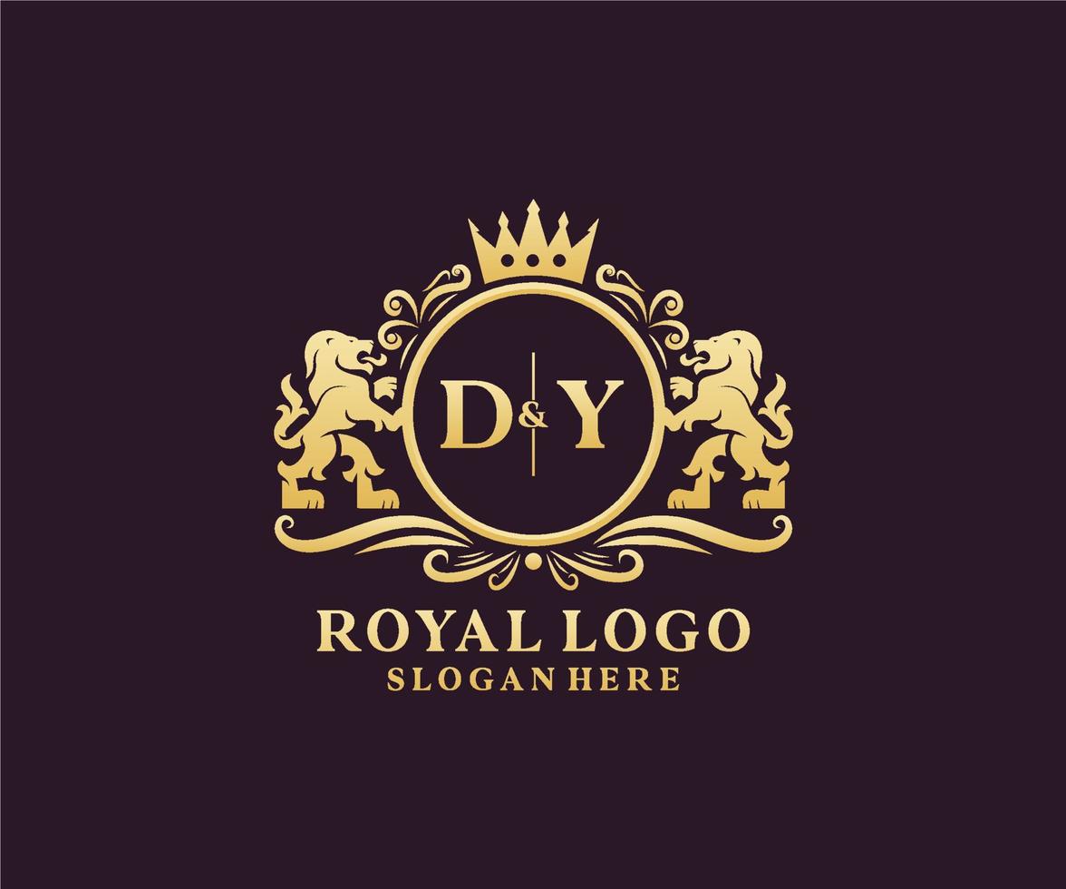 första dy brev lejon kunglig lyx logotyp mall i vektor konst för restaurang, kungligheter, boutique, Kafé, hotell, heraldisk, Smycken, mode och Övrig vektor illustration.
