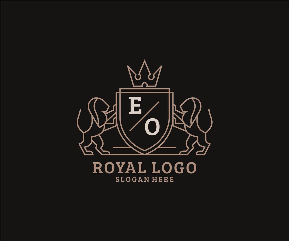 första eo brev lejon kunglig lyx logotyp mall i vektor konst för restaurang, kungligheter, boutique, Kafé, hotell, heraldisk, Smycken, mode och Övrig vektor illustration.