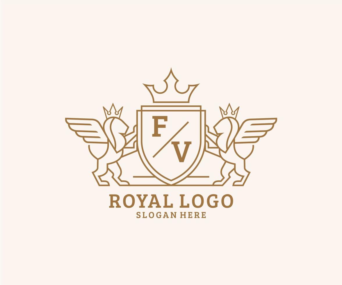 första fv brev lejon kunglig lyx heraldisk, vapen logotyp mall i vektor konst för restaurang, kungligheter, boutique, Kafé, hotell, heraldisk, Smycken, mode och Övrig vektor illustration.