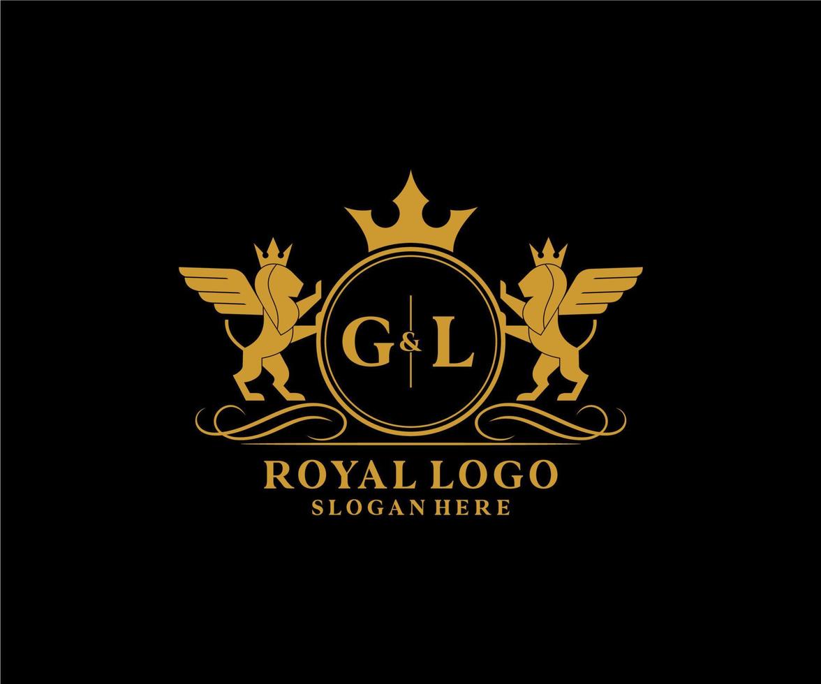 Initiale gl Brief Löwe königlich Luxus heraldisch, Wappen Logo Vorlage im Vektor Kunst zum Restaurant, Königtum, Boutique, Cafe, Hotel, heraldisch, Schmuck, Mode und andere Vektor Illustration.