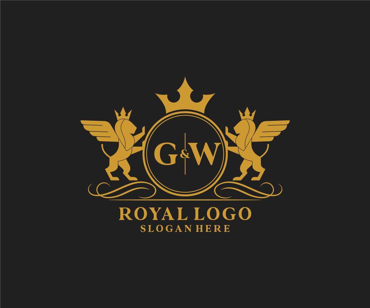 första gw brev lejon kunglig lyx heraldisk, vapen logotyp mall i vektor konst för restaurang, kungligheter, boutique, Kafé, hotell, heraldisk, Smycken, mode och Övrig vektor illustration.