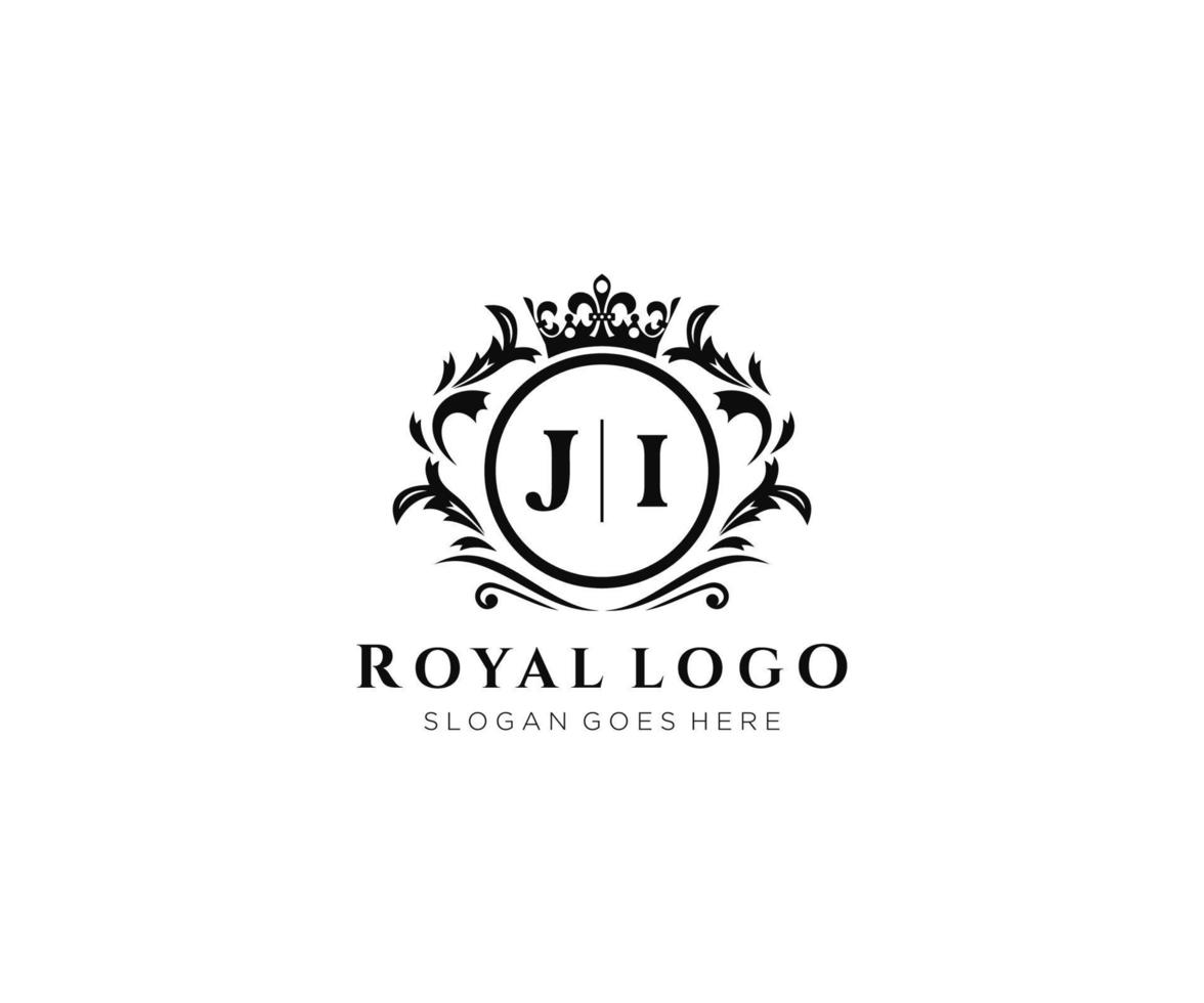 första ji brev lyxig varumärke logotyp mall, för restaurang, kungligheter, boutique, Kafé, hotell, heraldisk, Smycken, mode och Övrig vektor illustration.