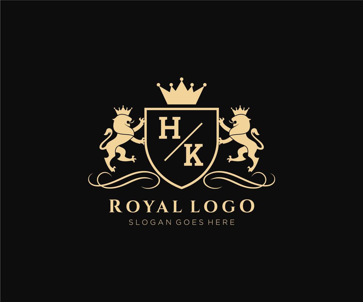 första hk brev lejon kunglig lyx heraldisk, vapen logotyp mall i vektor konst för restaurang, kungligheter, boutique, Kafé, hotell, heraldisk, Smycken, mode och Övrig vektor illustration.