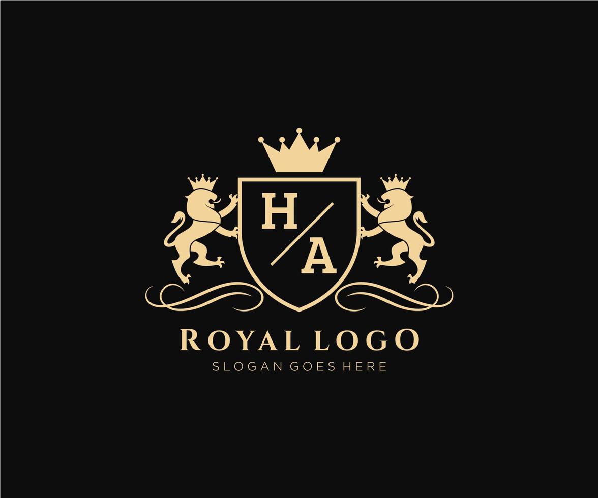 första ha brev lejon kunglig lyx heraldisk, vapen logotyp mall i vektor konst för restaurang, kungligheter, boutique, Kafé, hotell, heraldisk, Smycken, mode och Övrig vektor illustration.