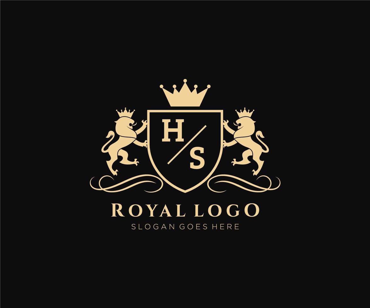 första hs brev lejon kunglig lyx heraldisk, vapen logotyp mall i vektor konst för restaurang, kungligheter, boutique, Kafé, hotell, heraldisk, Smycken, mode och Övrig vektor illustration.
