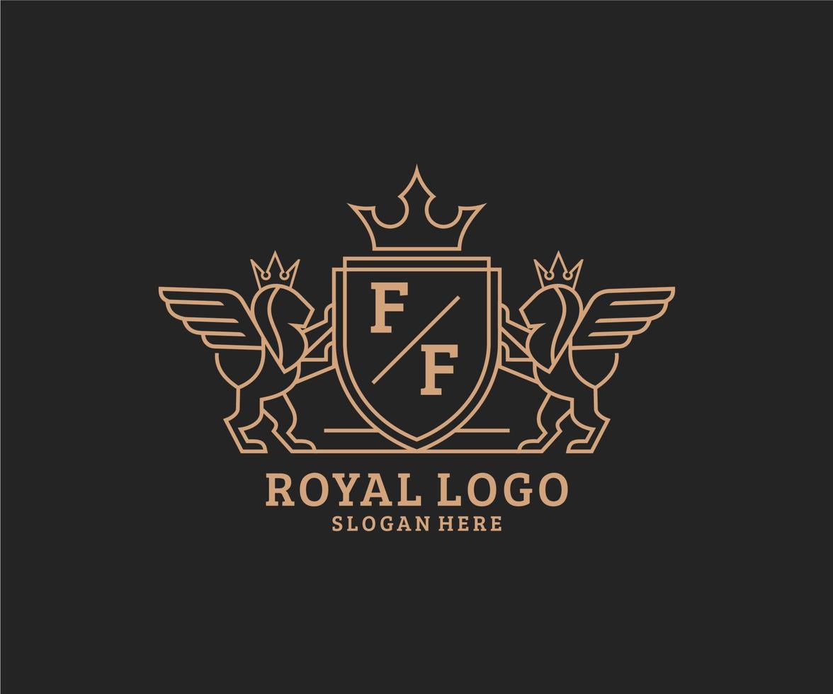 första ff brev lejon kunglig lyx heraldisk, vapen logotyp mall i vektor konst för restaurang, kungligheter, boutique, Kafé, hotell, heraldisk, Smycken, mode och Övrig vektor illustration.