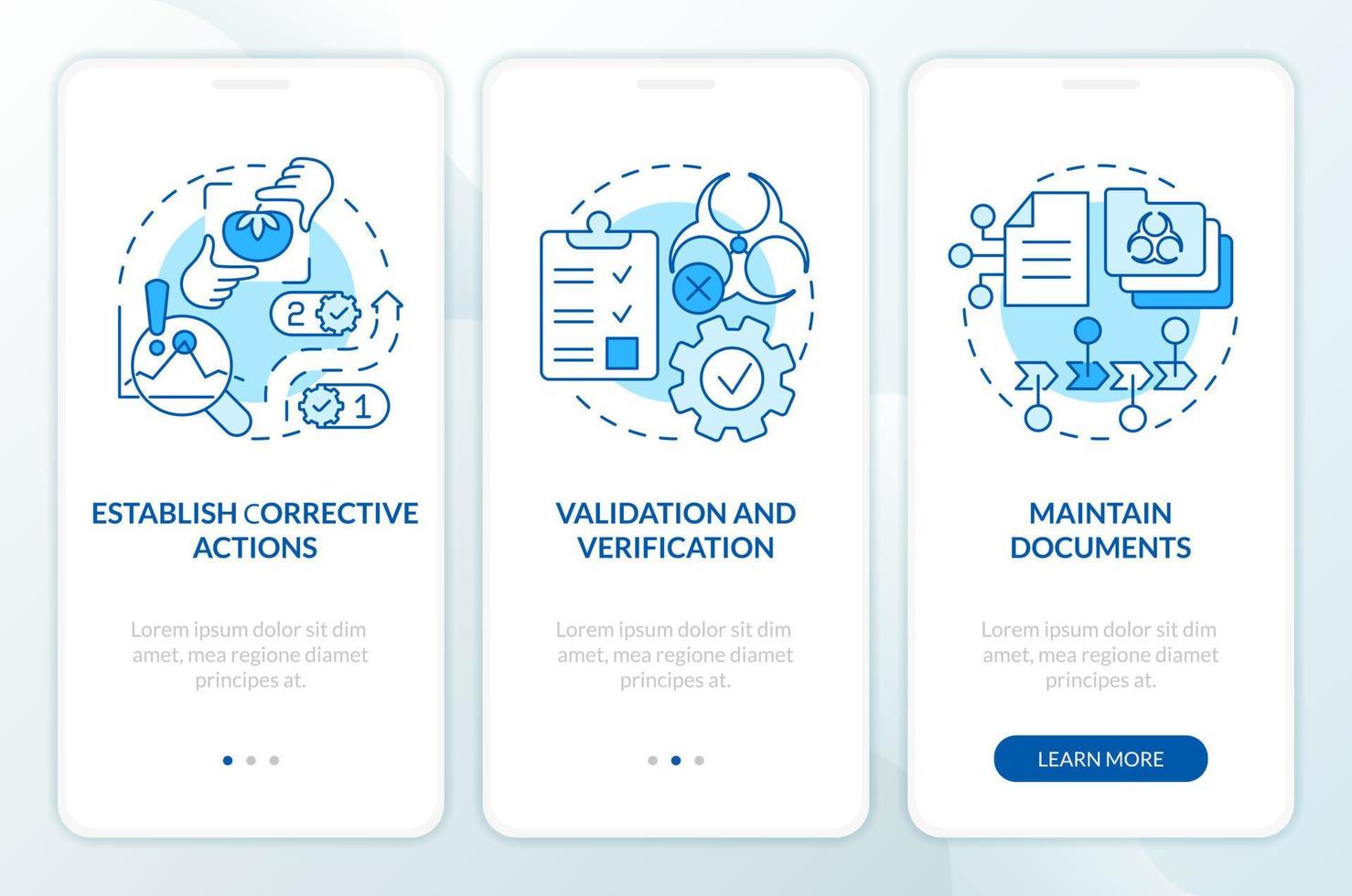 Prinzipien von haccp Blau Onboarding Handy, Mobiltelefon App Bildschirm. Essen Steuerung Komplettlösung 3 Schritte editierbar Grafik Anleitung mit linear Konzepte. ui, ux, gui Vorlage vektor