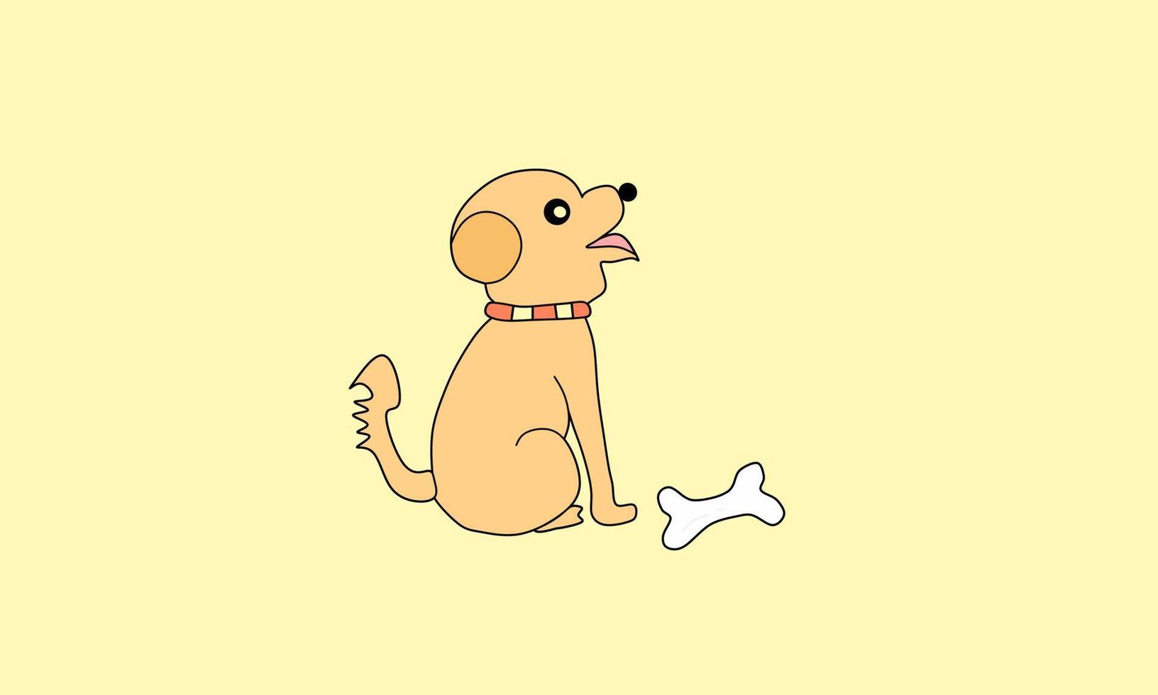 vektor illustration isolerat på gul bakgrund. liten hund Sammanträde där skällande. med en halsband runt om de nacke. packade med färsk ben.