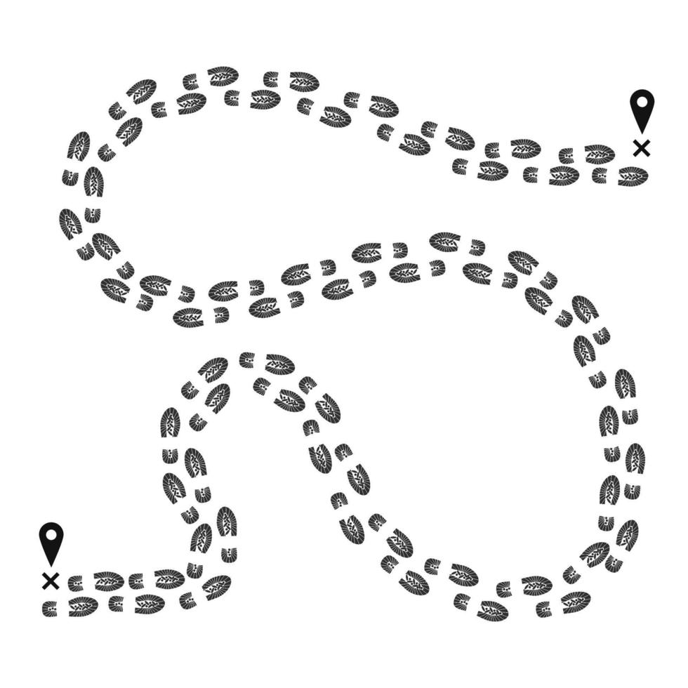 Fußabdruck Weg von einer Zeiger auf Karte zu andere. Tinte Silhouette Route oder Weg. Vektor Illustration isoliert auf Weiß Hintergrund