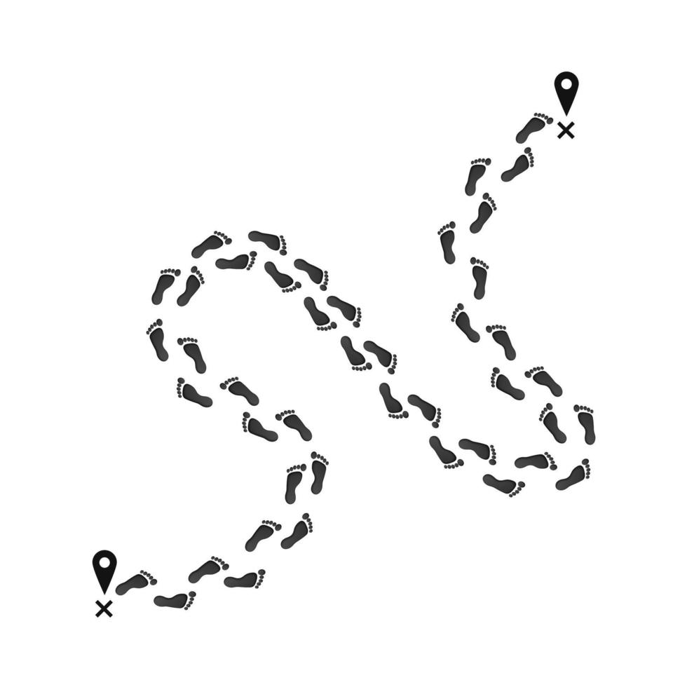 fotavtryck spår från Start punkt till Avsluta stift. svart skriva ut av rutt på Karta. vektor illustration isolerat på vit bakgrund