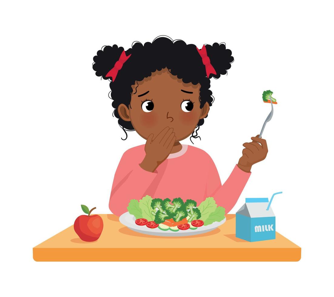 süß wenig afrikanisch Mädchen wählerisch Esser ablehnen zu Essen Gemüse vektor