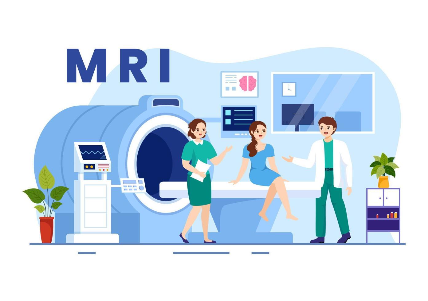 mri oder magnetisch Resonanz Bildgebung Illustration mit Arzt und geduldig auf medizinisch Untersuchung und ct Scan im eben Karikatur Hand gezeichnet Vorlagen vektor