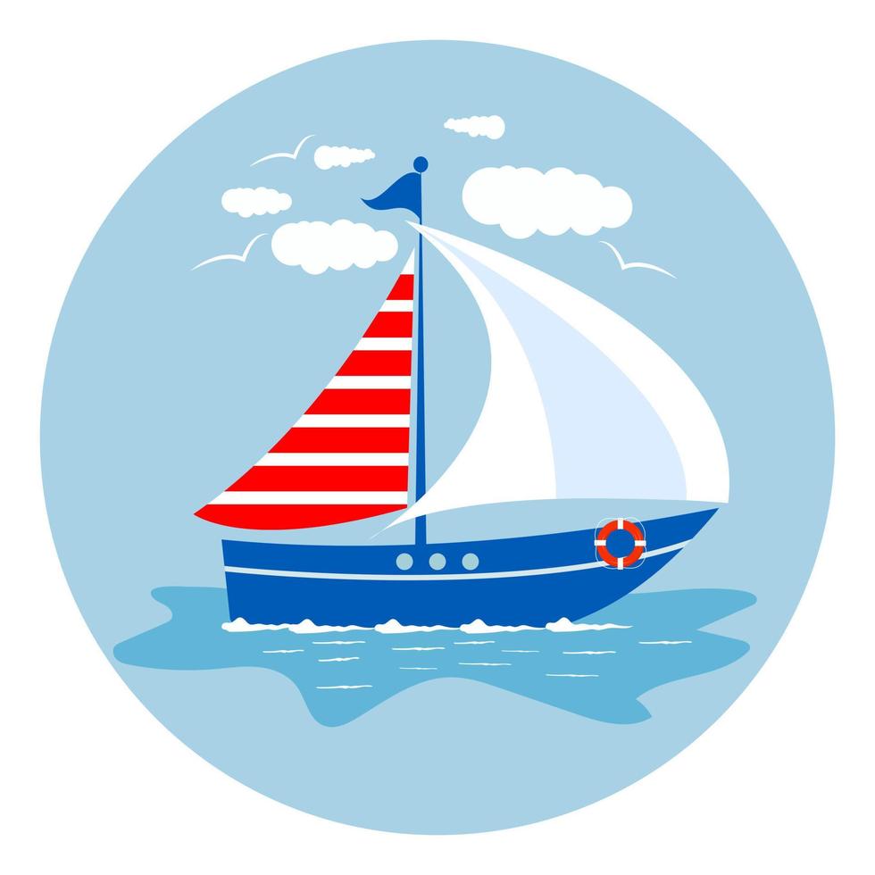 Segeln Boot mit Segel, ein Lebenslinie und Möwen auf ein Blau Hintergrund. Segelboot und Wellen auf das Wasser. Vektor Illustration im ein eben Stil.