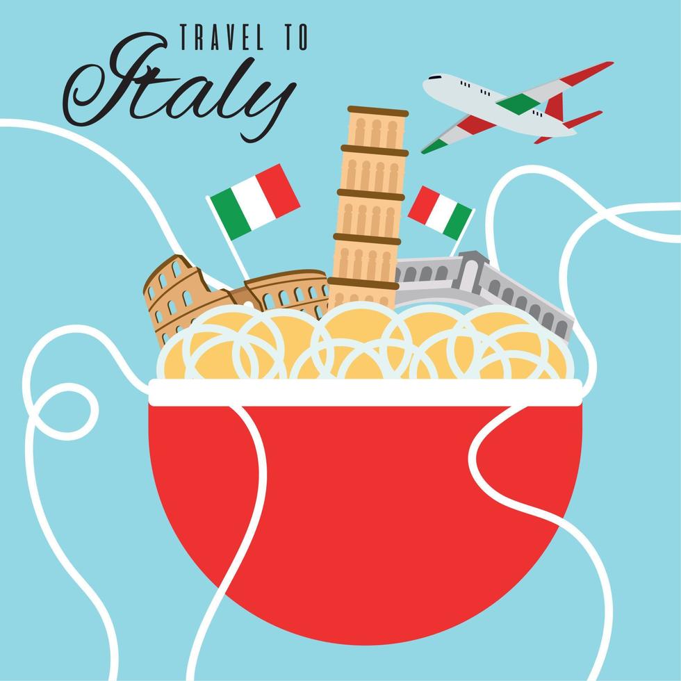 isoliert Italienisch Pasta Schüssel mit berühmt Wahrzeichen Italien Reise Postkarte Vektor Illustration