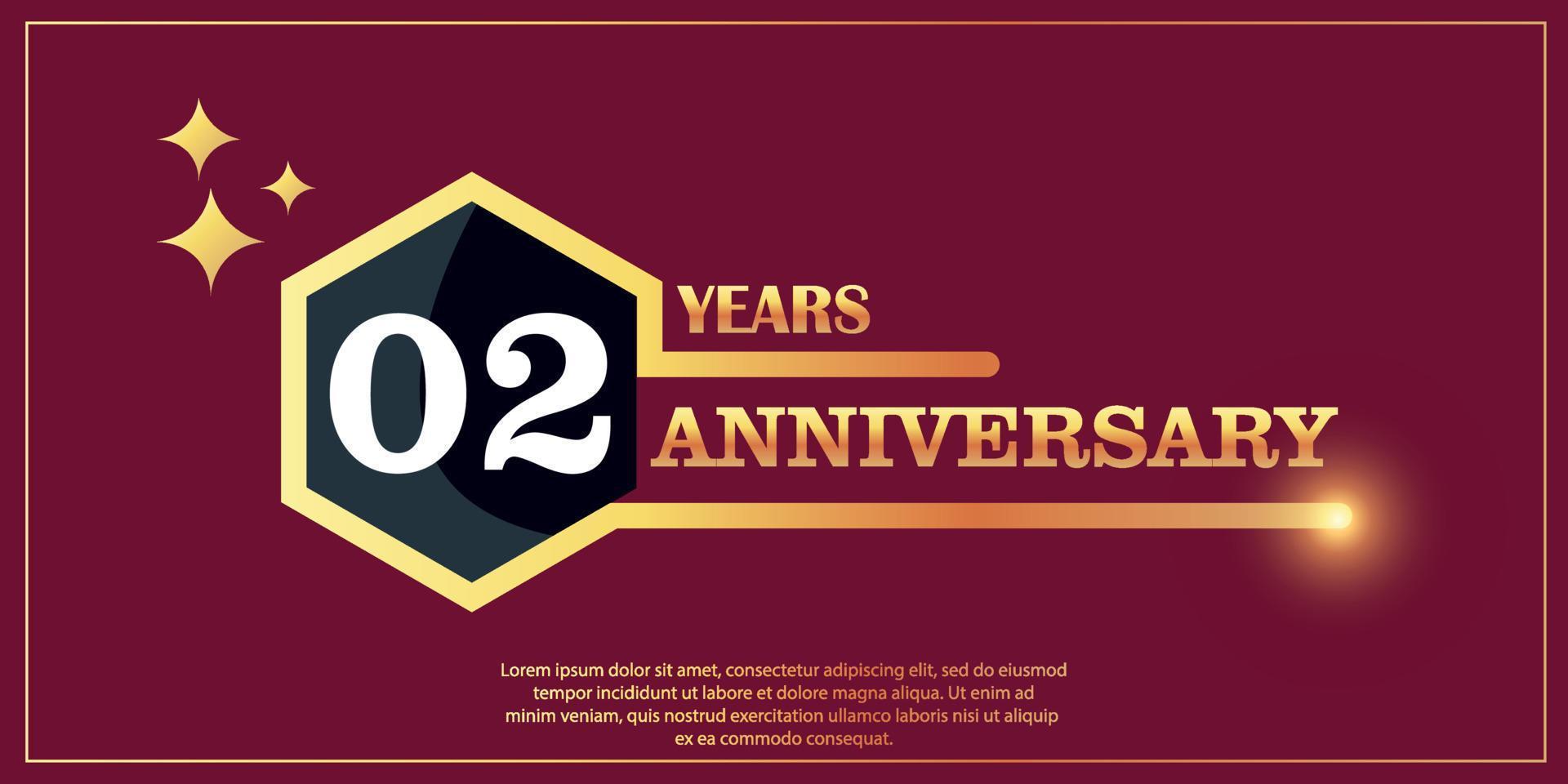 02 Jahrestag Gold Farbe Logo Stil mit Hexagon gestalten mit Weiß Farbe Nummer Schriftart auf rot Hintergrund Vektor Illustration