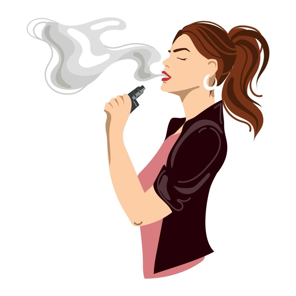 jung sexy Frau rauchen, dampfen E-Zigarette Vektor Illustration isoliert auf Weiß hintergrund.modern Mädchen Rauchen Dampfen und Züge Dampf von ihr mund.trendy Neu vaping Gerät