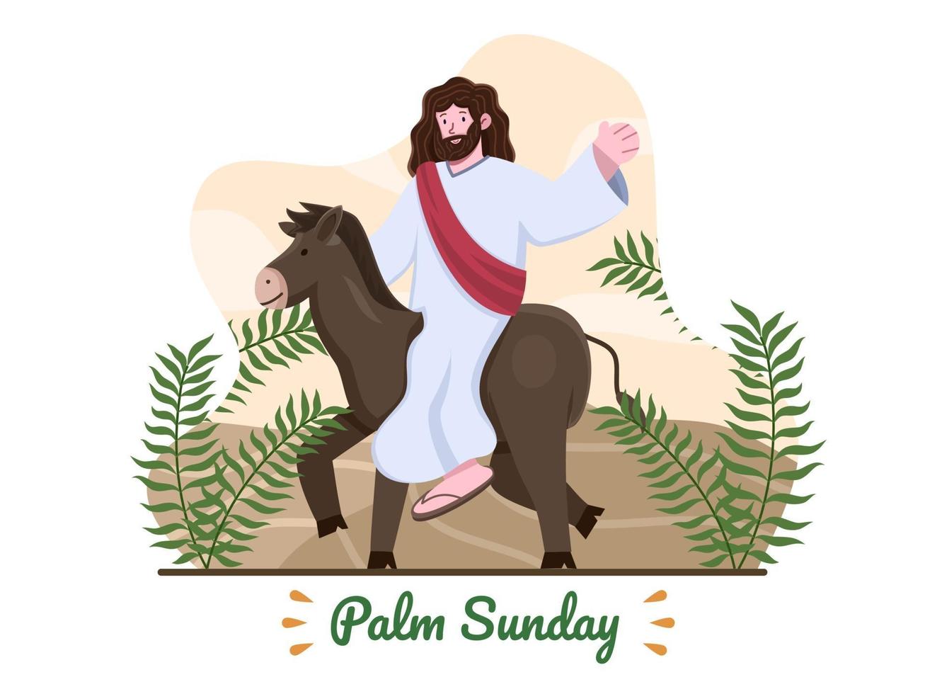 Palmensonntagsillustration mit Jesus reiten einen Esel und mit Palmblättern. Jesus reitet Esel betritt Jerusalem. christlicher Palmensonntag religiöser Feiertag. geeignet für Grußkarte, Banner, Postkarte, Web usw. vektor
