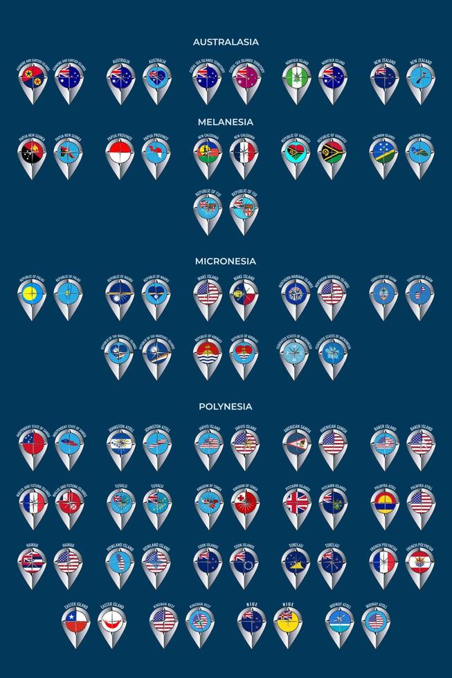 uppsättning av vektor illustrationer av pekare i de form av flaggor av de länder av Australien och oceanien. grupper av Australien, mikronesien, melanesi och polynesien.